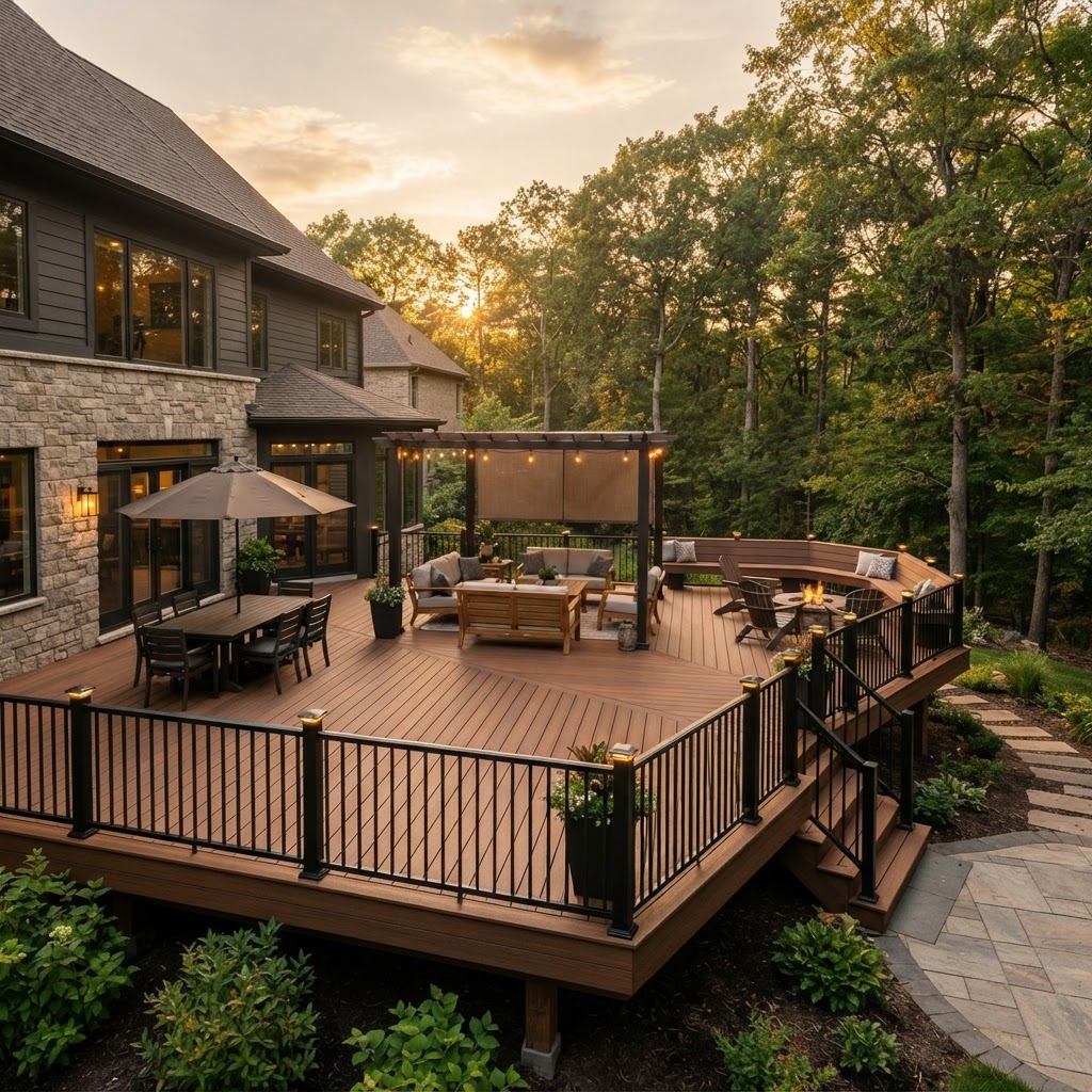 Custom composite deck with black aluminum railing on the back of a home