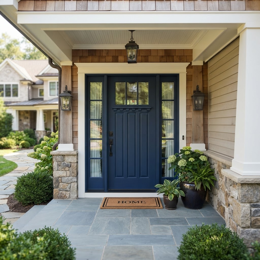 New navy craftsman entry door with glass sidelights