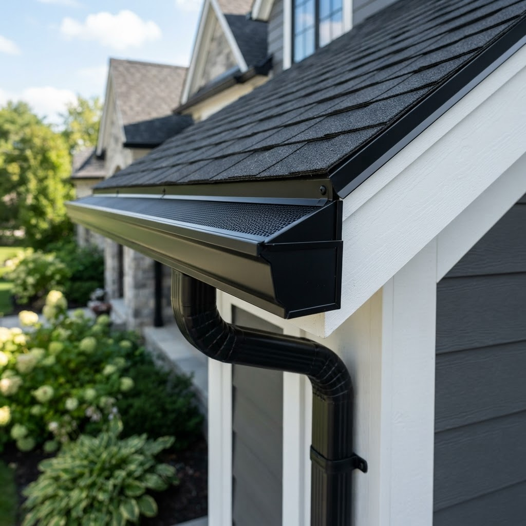 Seamless black gutters with leaf guard along a roofline