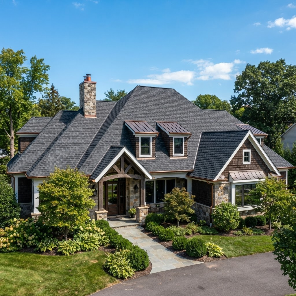 Newly installed architectural charcoal shingle roof