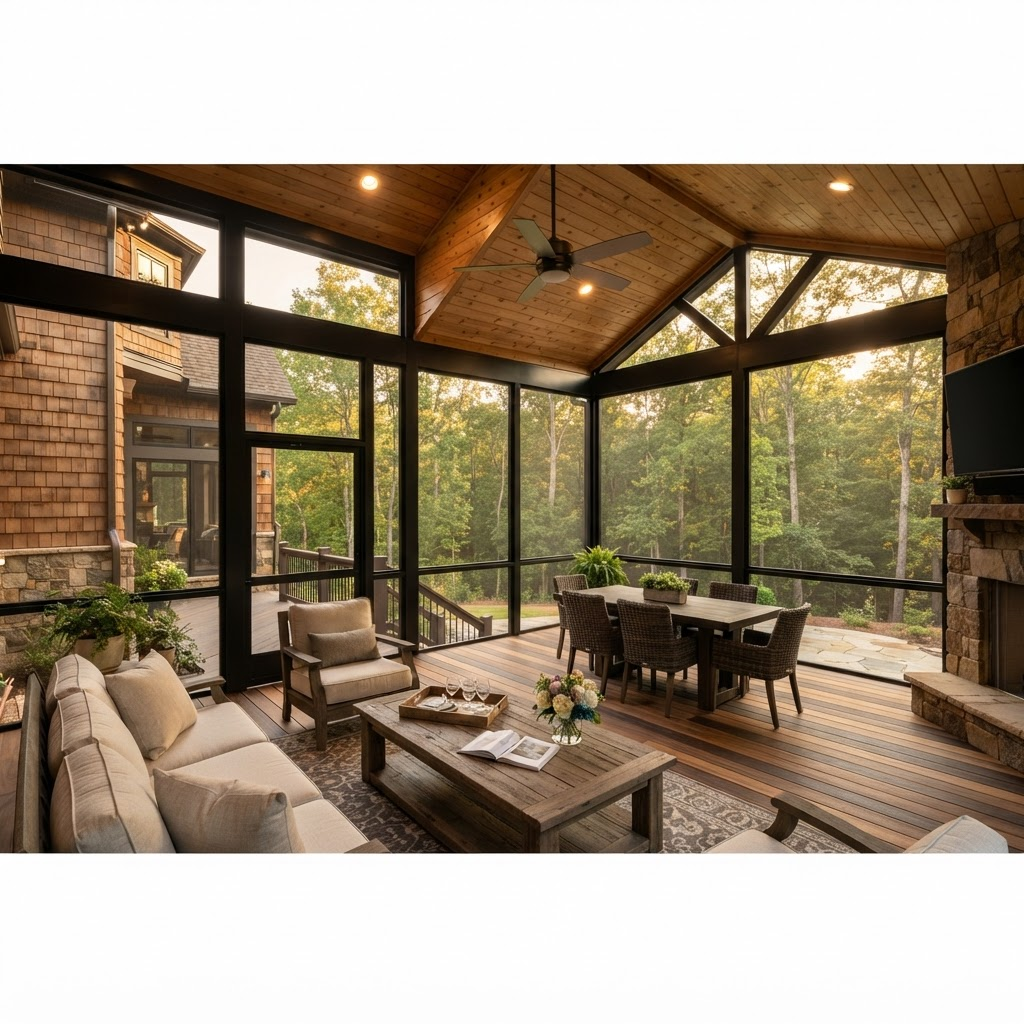 Attached screened porch with black aluminum framing