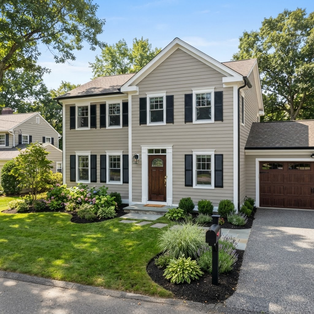 Home after new fiber cement siding and fresh landscaping