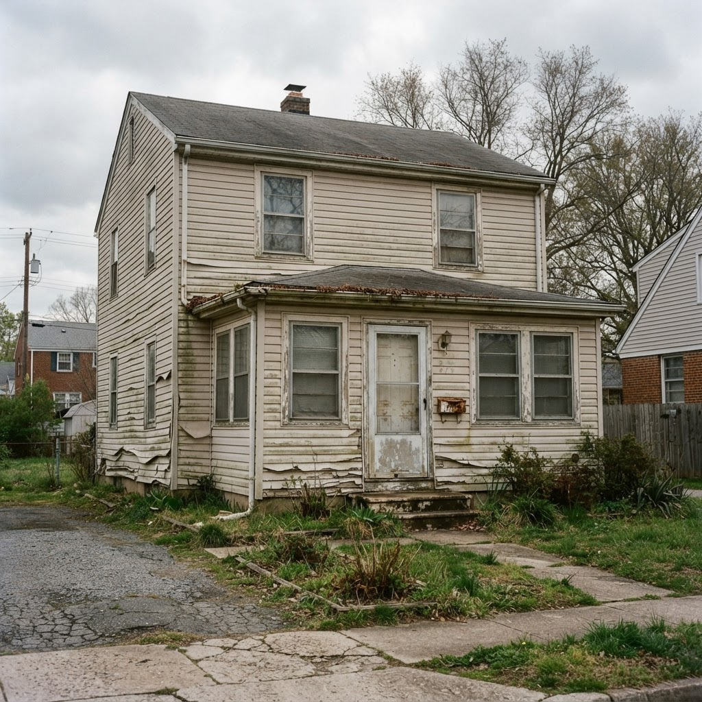 Suburban home with faded, cracked vinyl siding before replacement