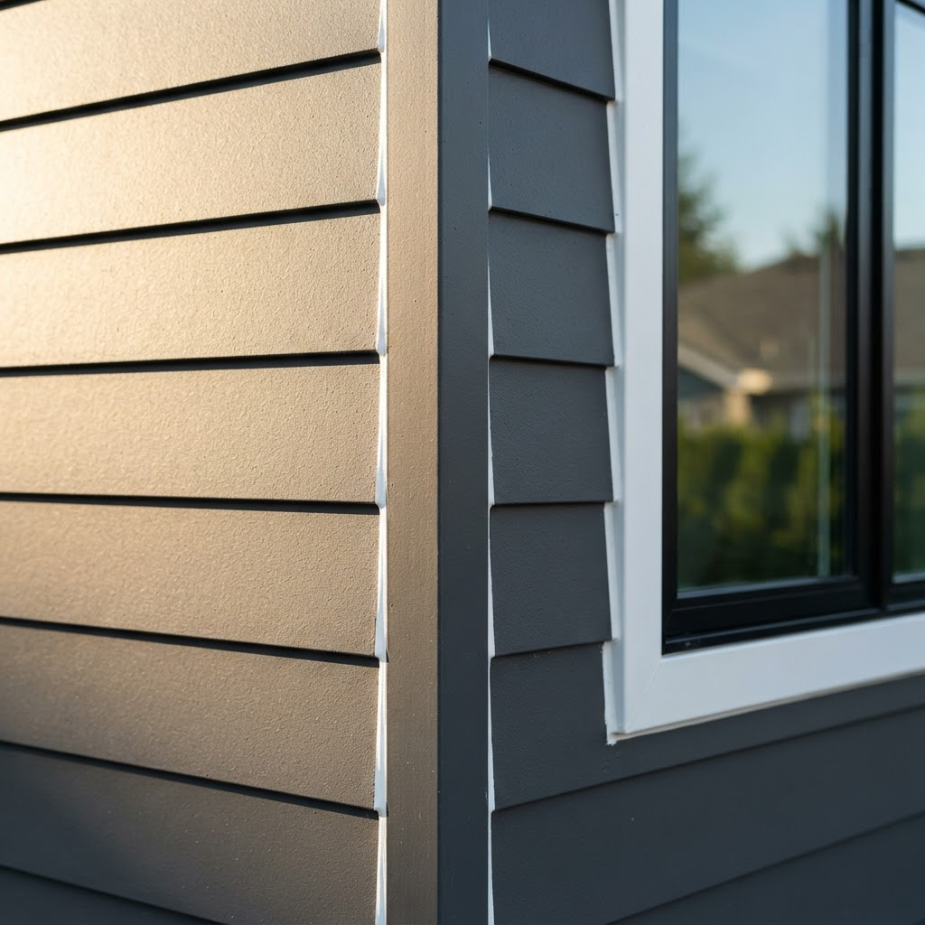 Close-up of crisp new fiber cement lap siding around a black-framed window
