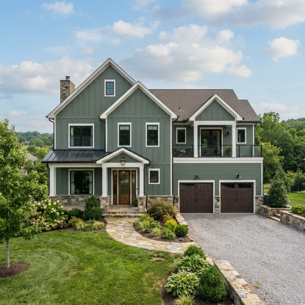 Two-story home with new sage green fiber cement siding and white trim