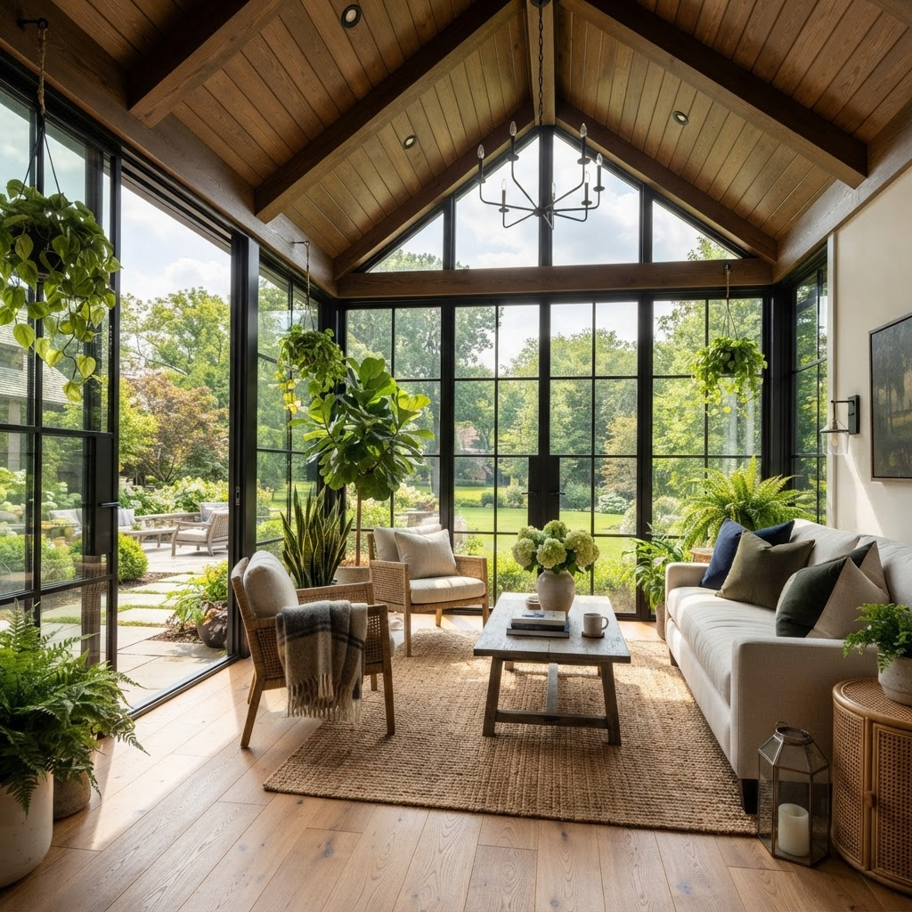 Bright all-season sunroom addition with floor-to-ceiling glass