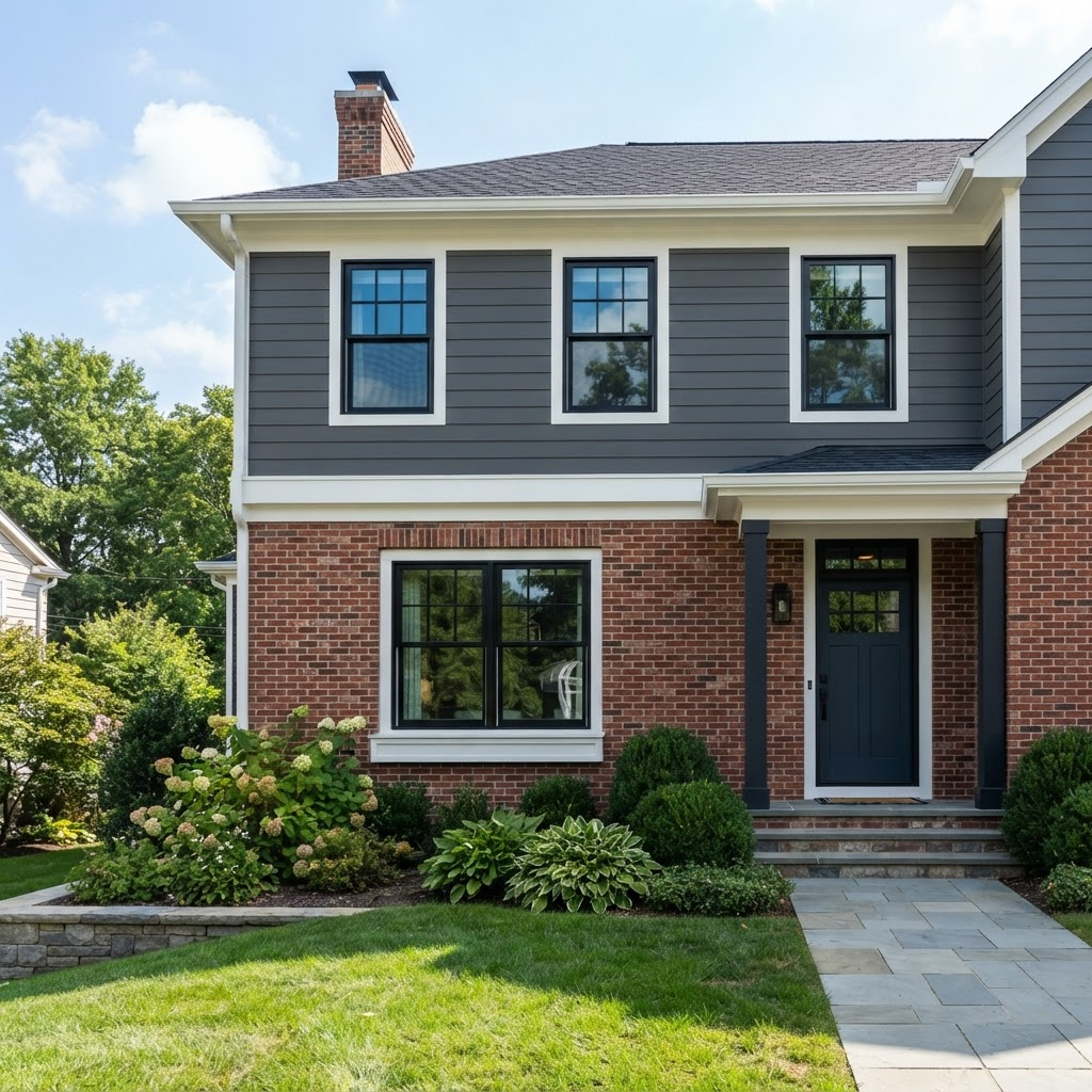 Newly installed black-framed replacement windows on a home exterior